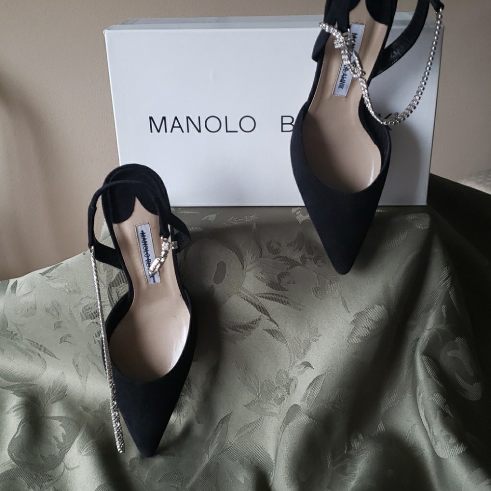 Black suede stilettos with rhinestone ankle strap